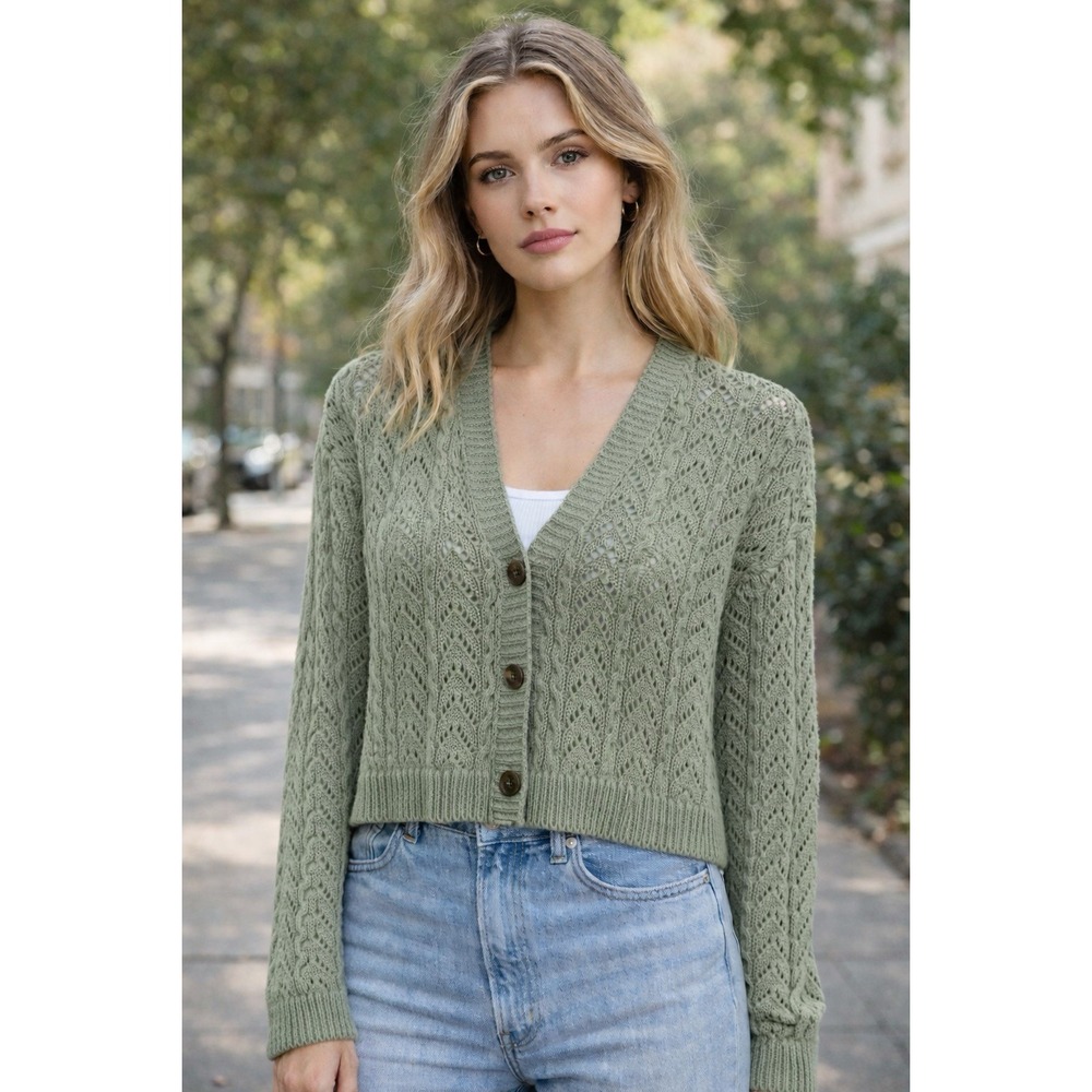 Sage Green Knit Cardigan V Neck Button Front Cottagecore Boho Soft Girl  Size L